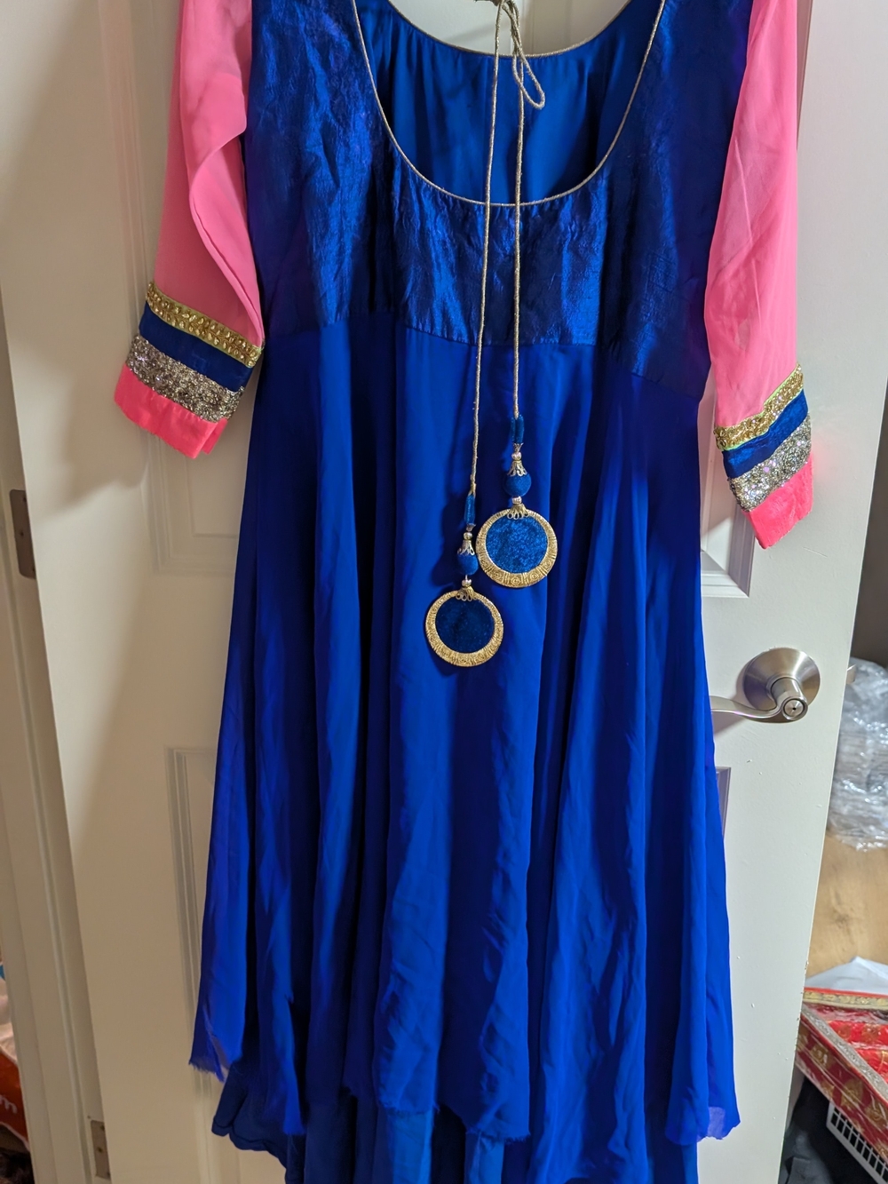 Womens Royal Blue and Pink Indian Kurti with Gold Accents
